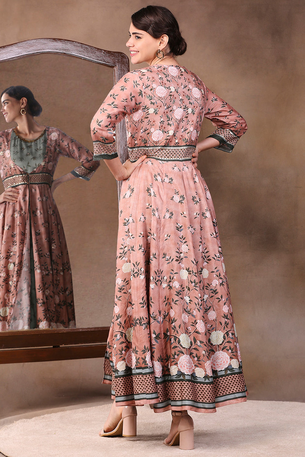 Vintage Trails Printed Two Layered Anarkali Dress