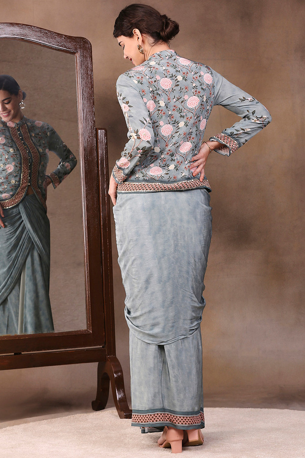 Gray Vintage Trails Printed Drape Skirt With Embroidered Top
