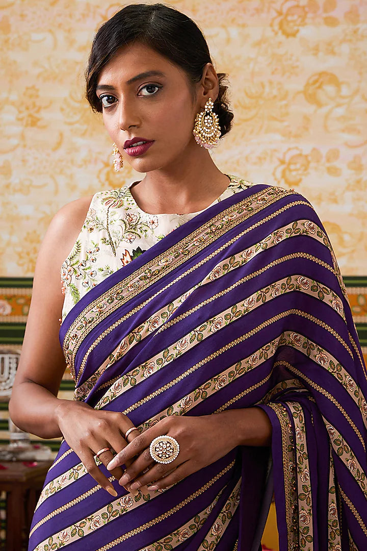 Purple Crepe Embroidered Pre-Draped Saree Set