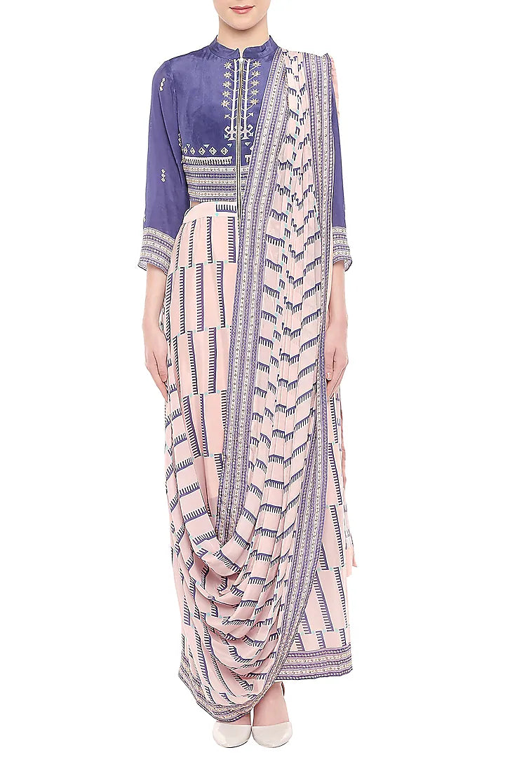 Blue & Pink Embroidered Printed Drape Saree