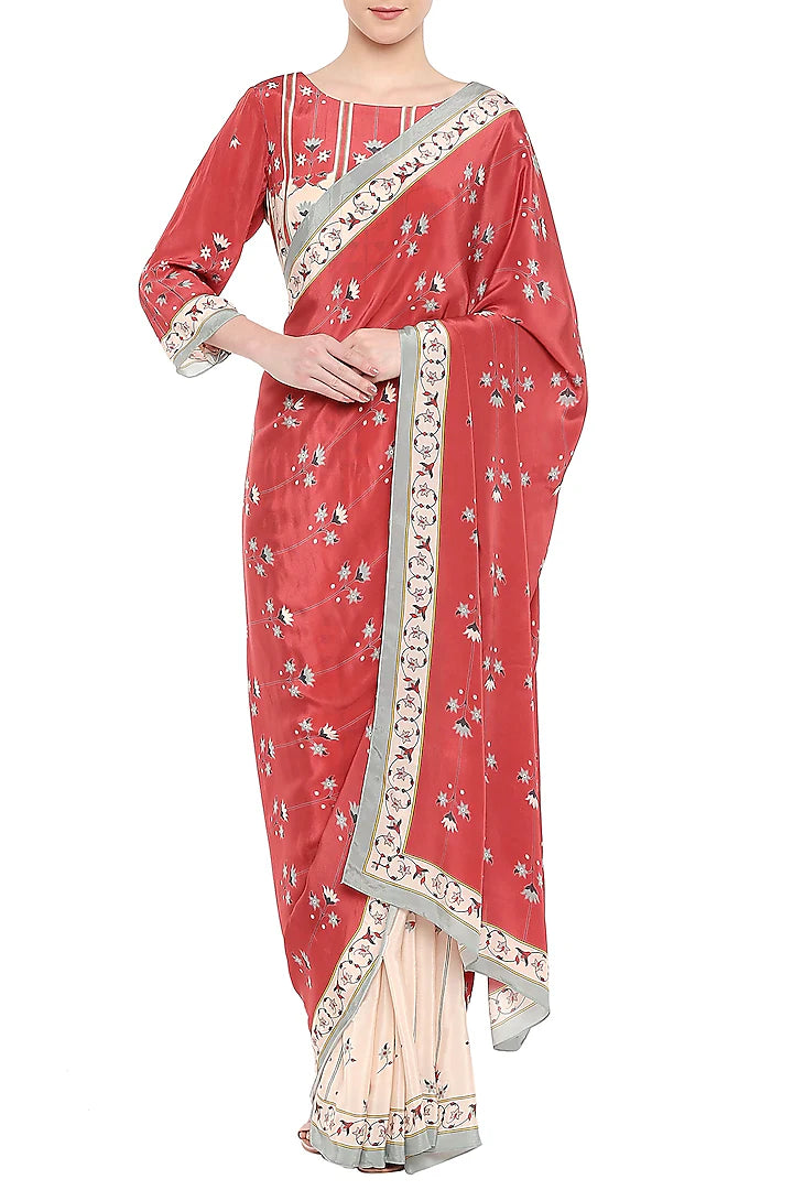 Red & Beige Crepe Printed Saree Set