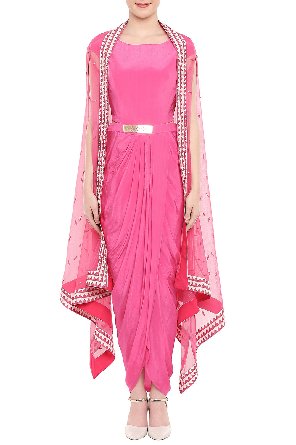 Fuchsia Pink Geometric Printed Drape Dress With Cape