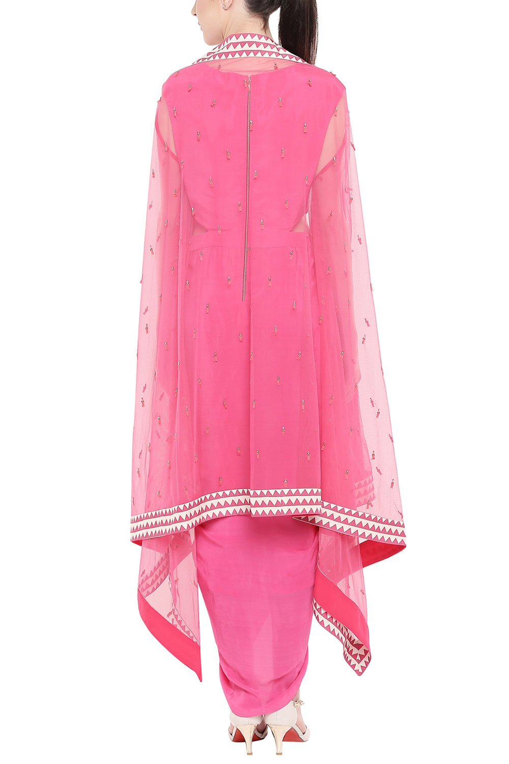 Fuchsia Pink Geometric Printed Drape Dress With Cape