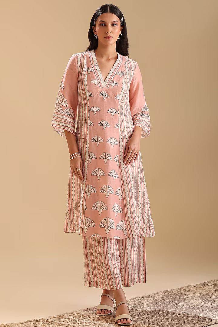 Peach Linen Cotton Embellished Straight Kurta Set