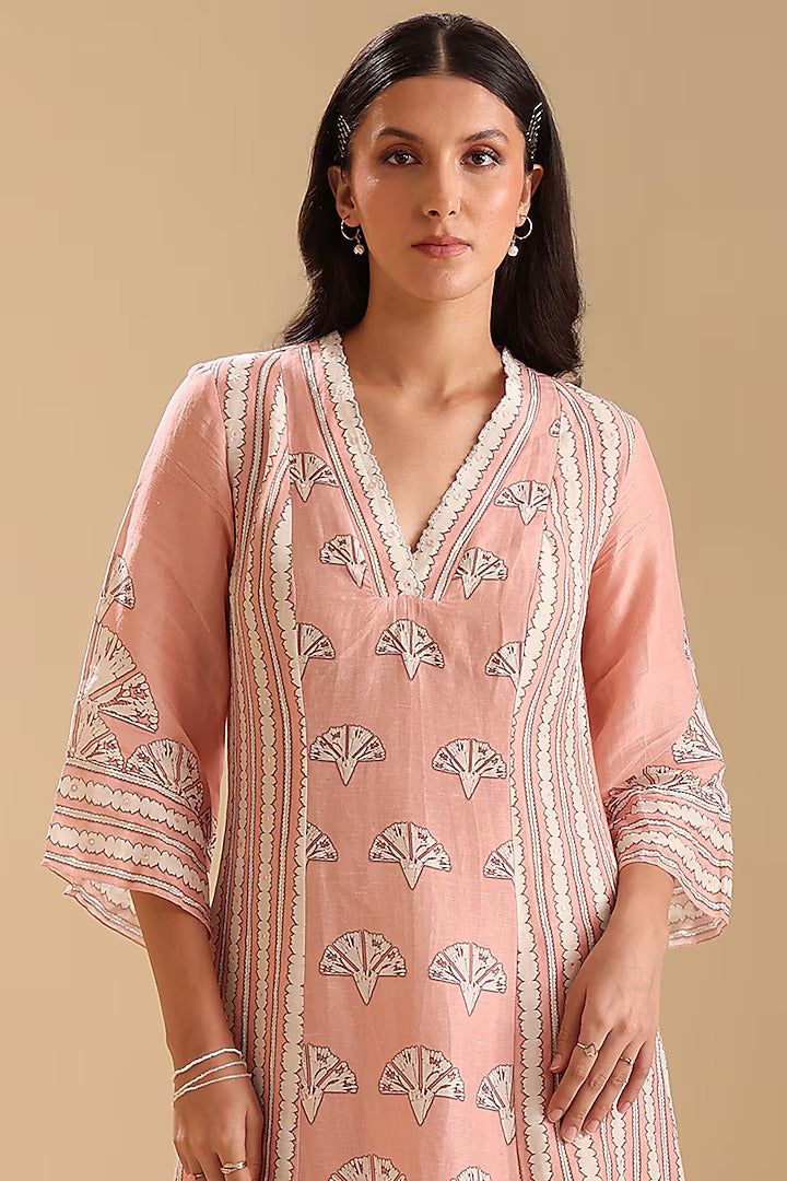 Peach Linen Cotton Embellished Straight Kurta Set