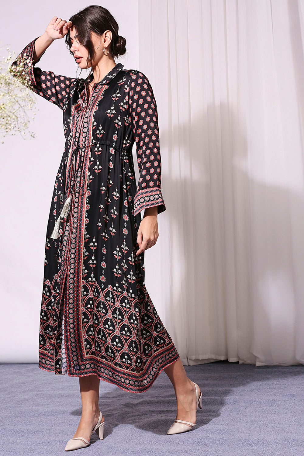 Ethnic Printed Dress With Waist Tie Up