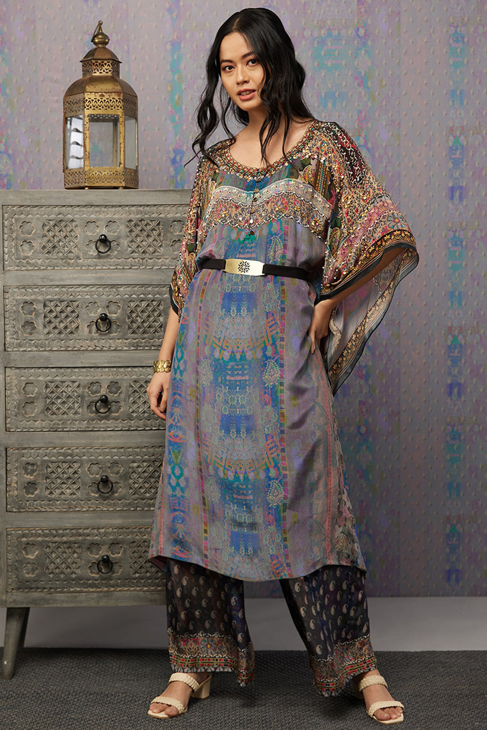 Multi Colored Ikaya Embroidered Kaftan Set With Belt