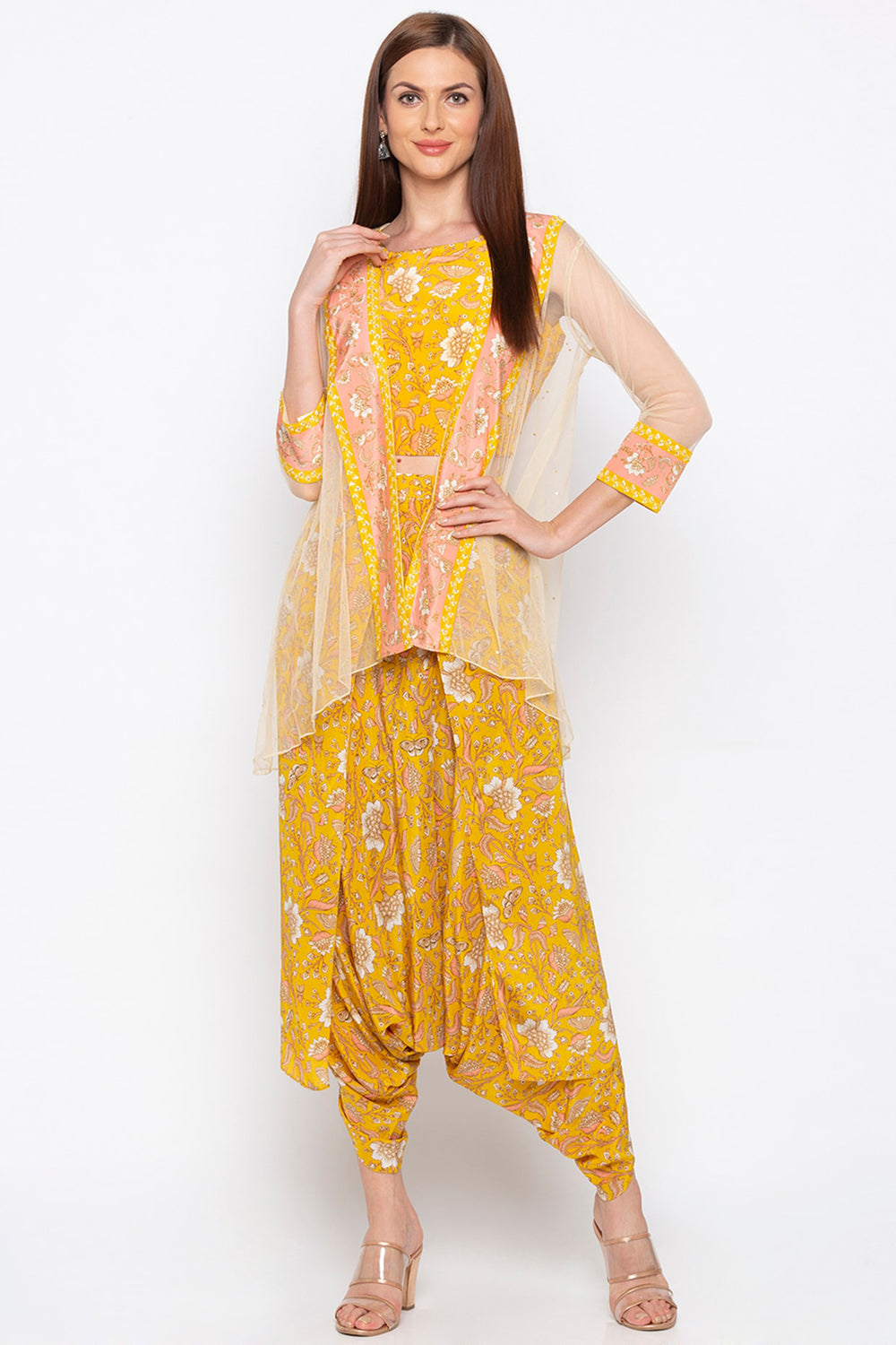 Yellow Wild-Flower Printed Dhoti Set With Jacket