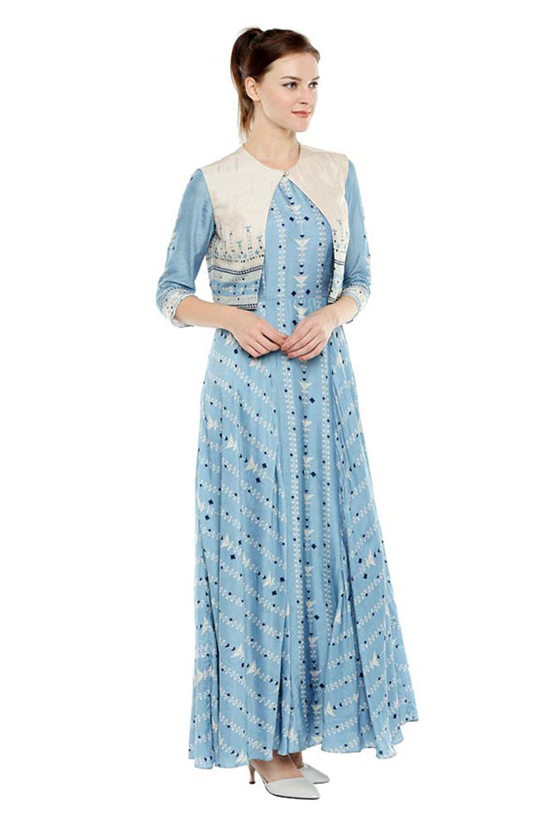 Azulejos Printed Flared Dress With Short Jacket