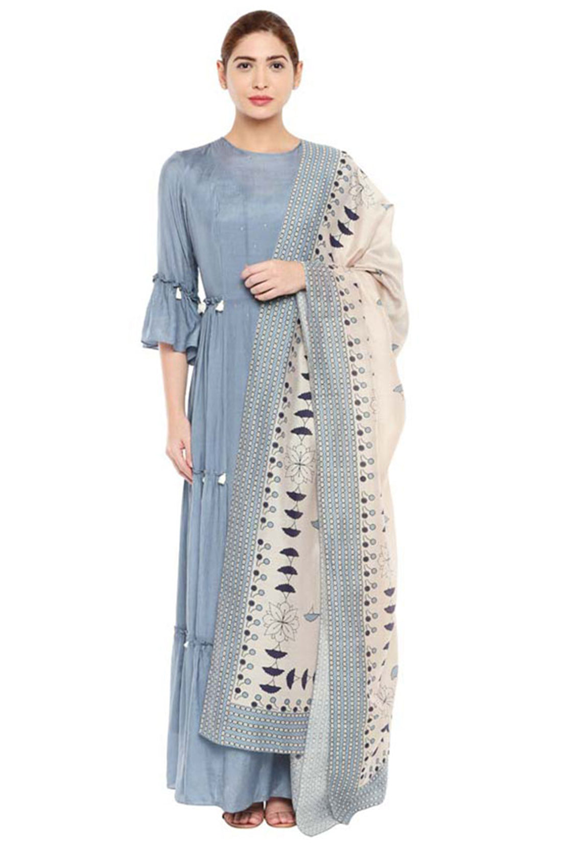 Bagru Printed Tiered Dress With Dupatta