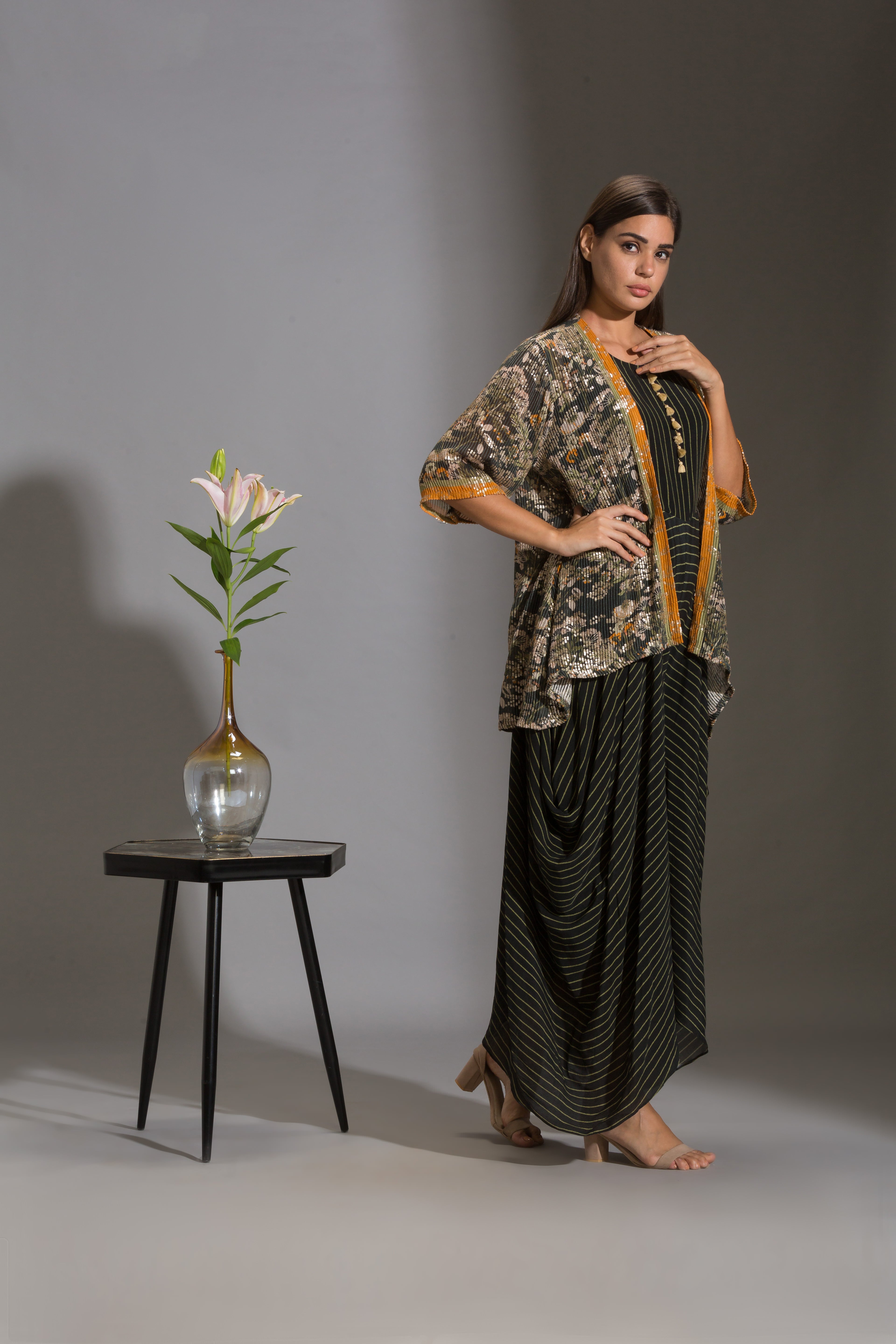 Night Shade Sequin Jacket And Printed Dhoti Jumpsuit