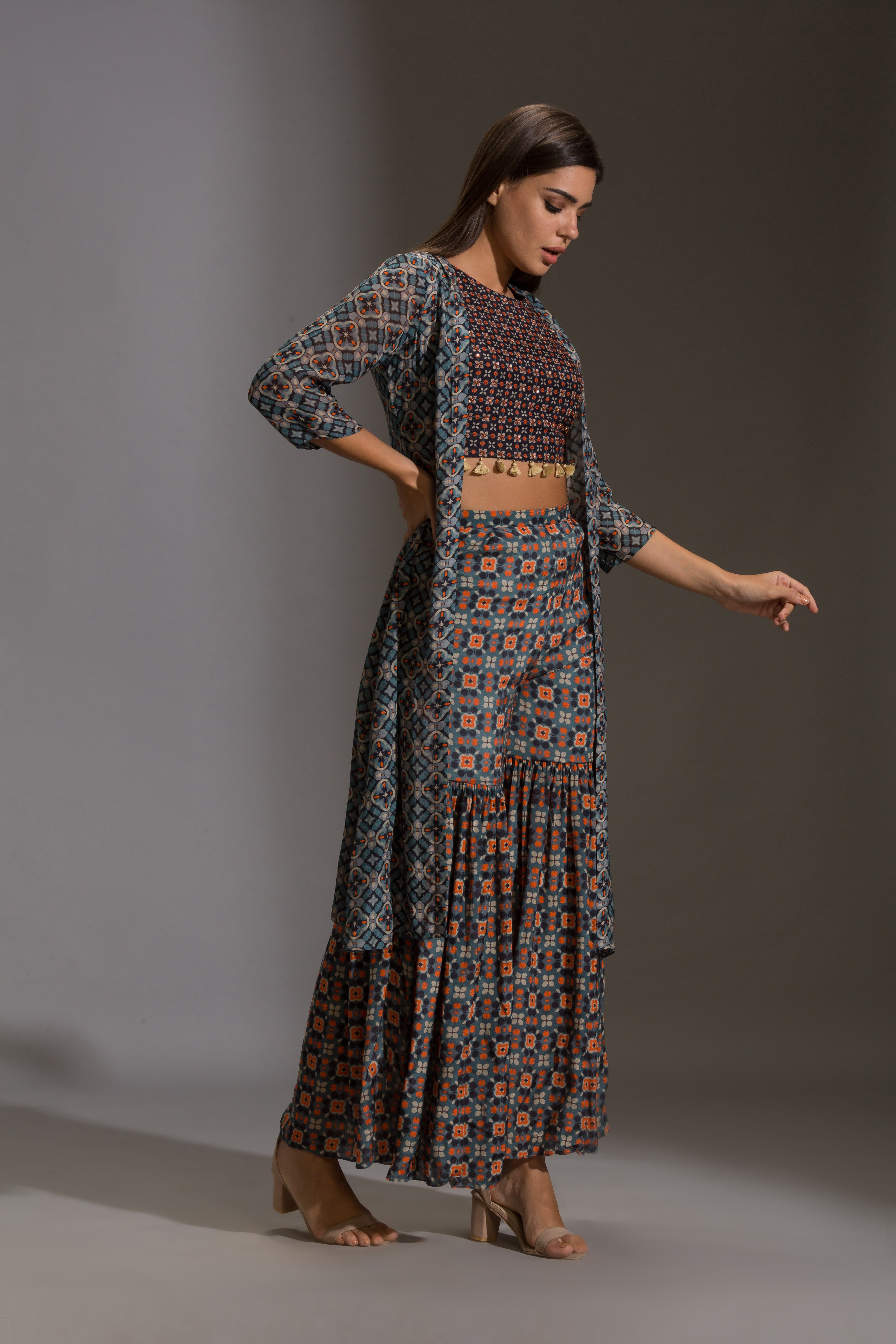 Arabesque Geometrical Printed Sharara With Top And Jacket