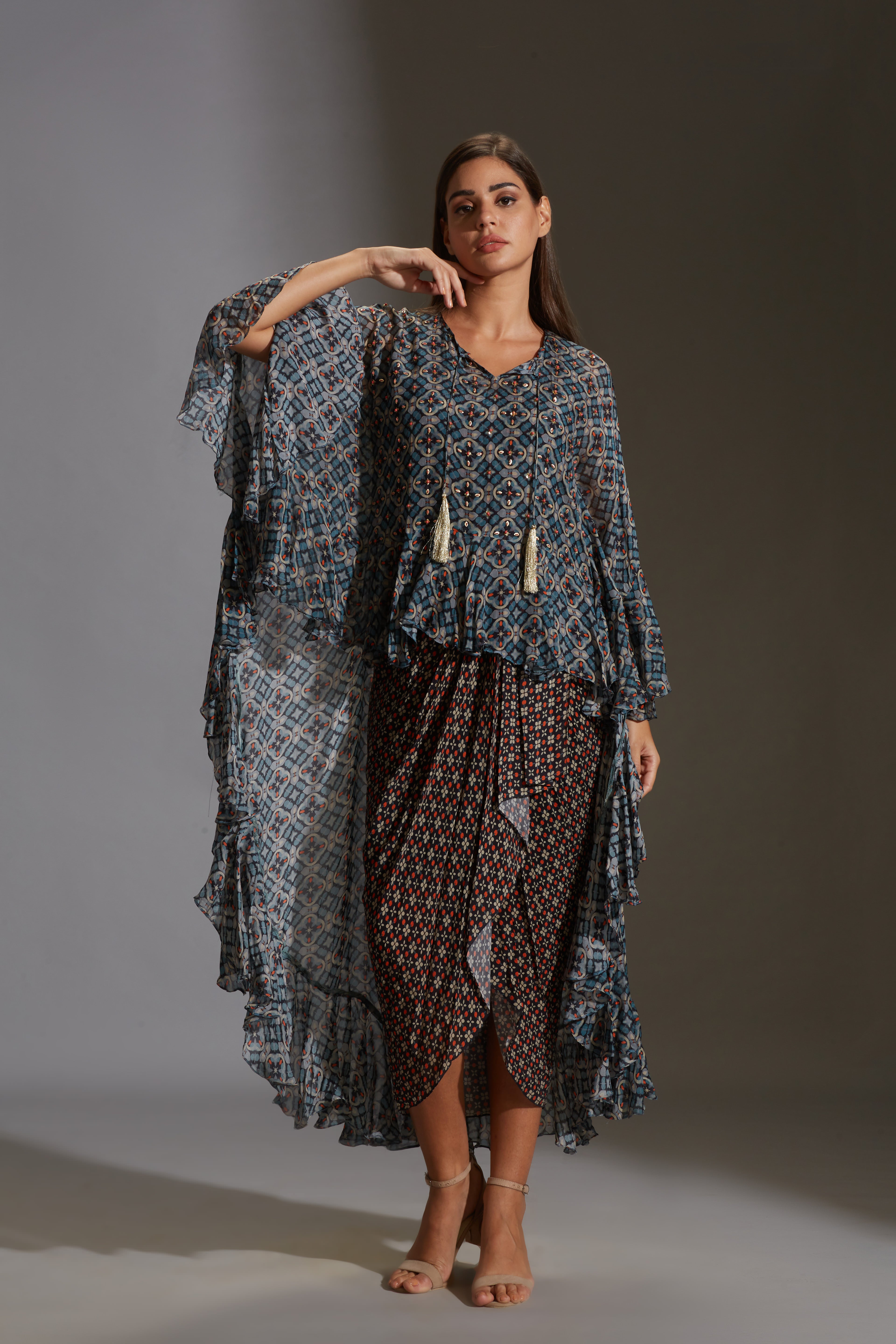 Arabesque Geometrical Drape Dress With Frill Top