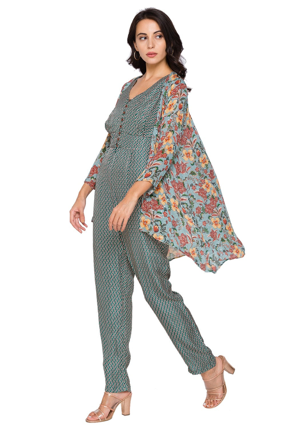 Azalea Printed Sequin Jumpsuit Paired With Asymmetrical Floral Printed Jacket