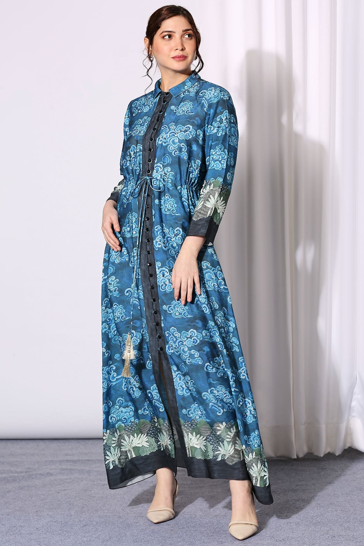 Conversational Printed Dress With Front Opening And Waist Tie Ups