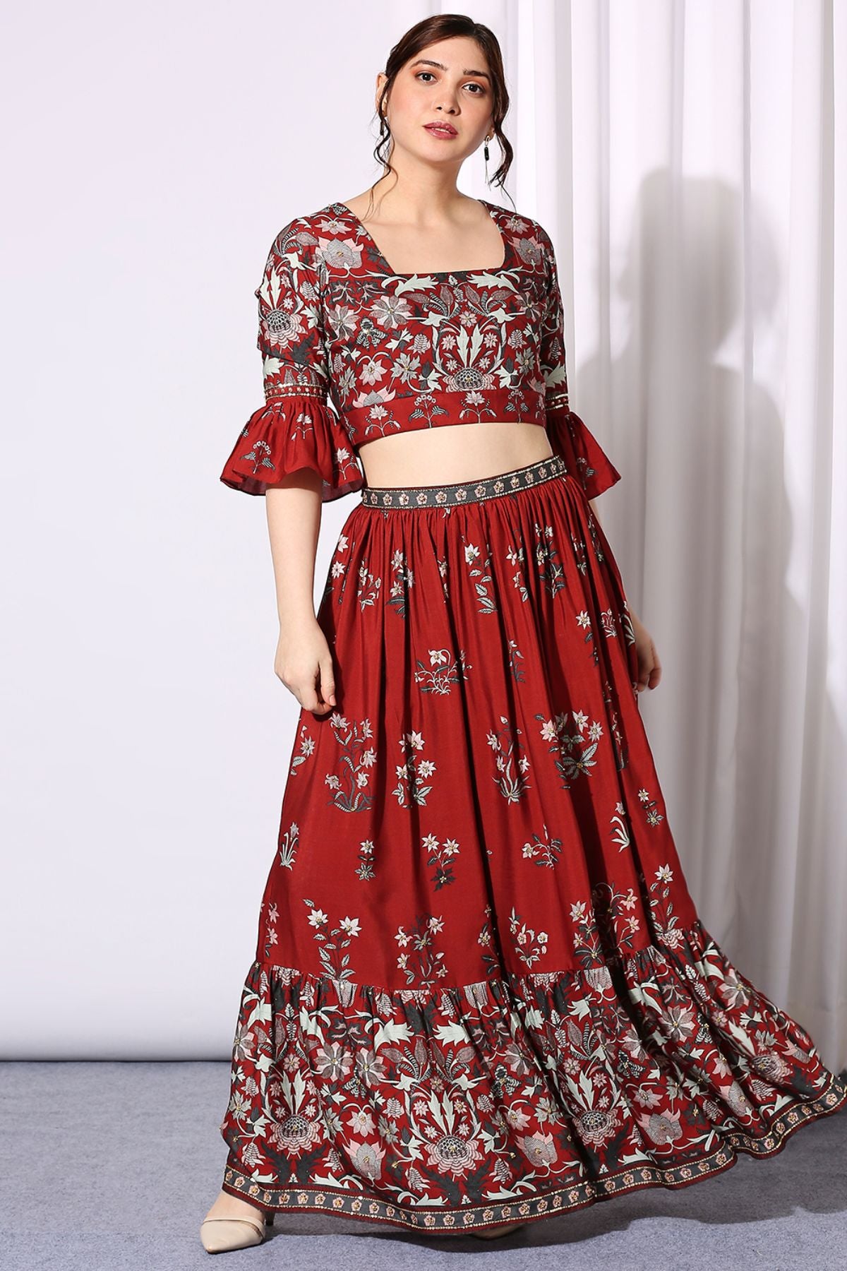 Midnight Floral Printed Skirt With Blouse Paired With Net Dupatta
