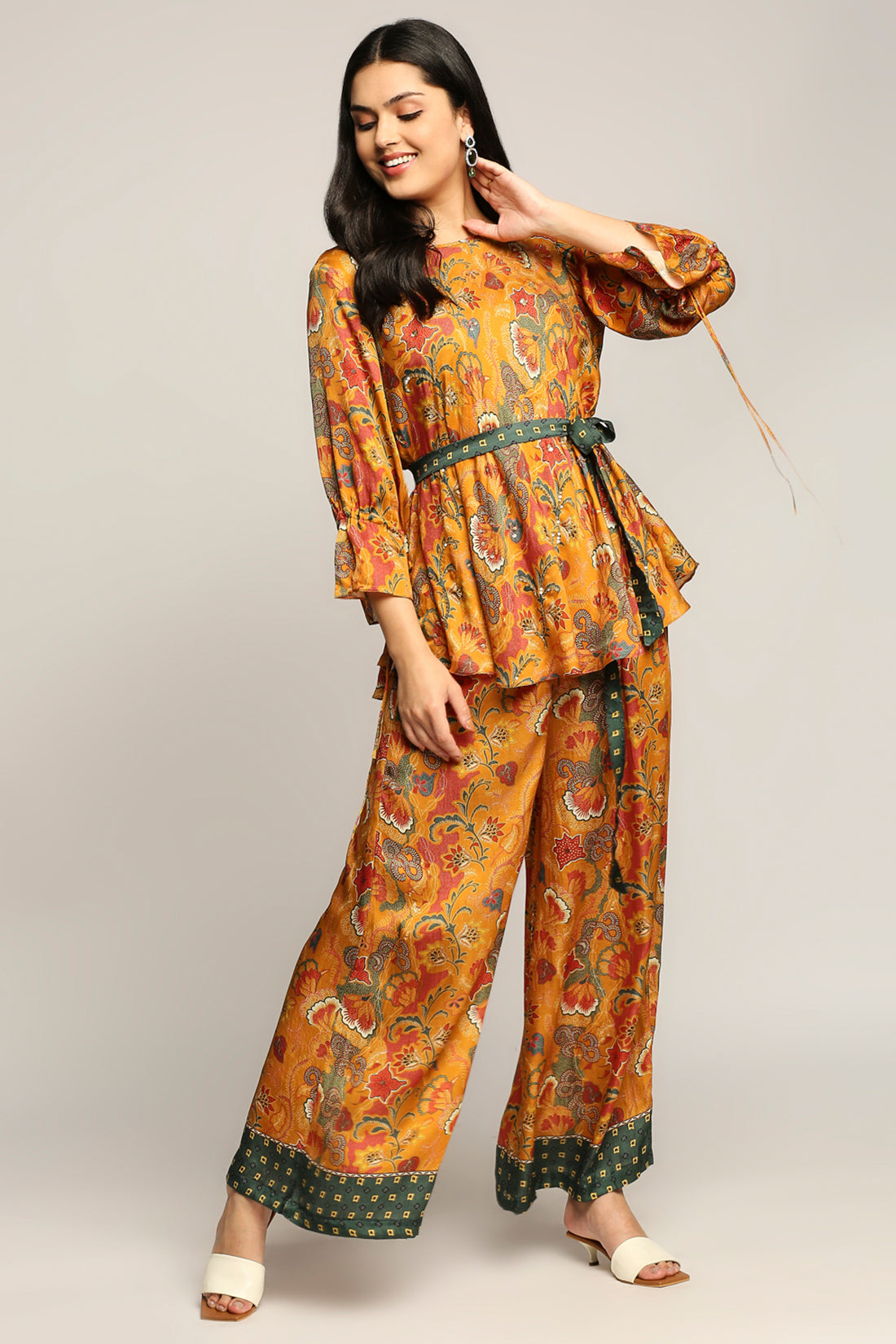 Batik Printed Pant Set With Belt