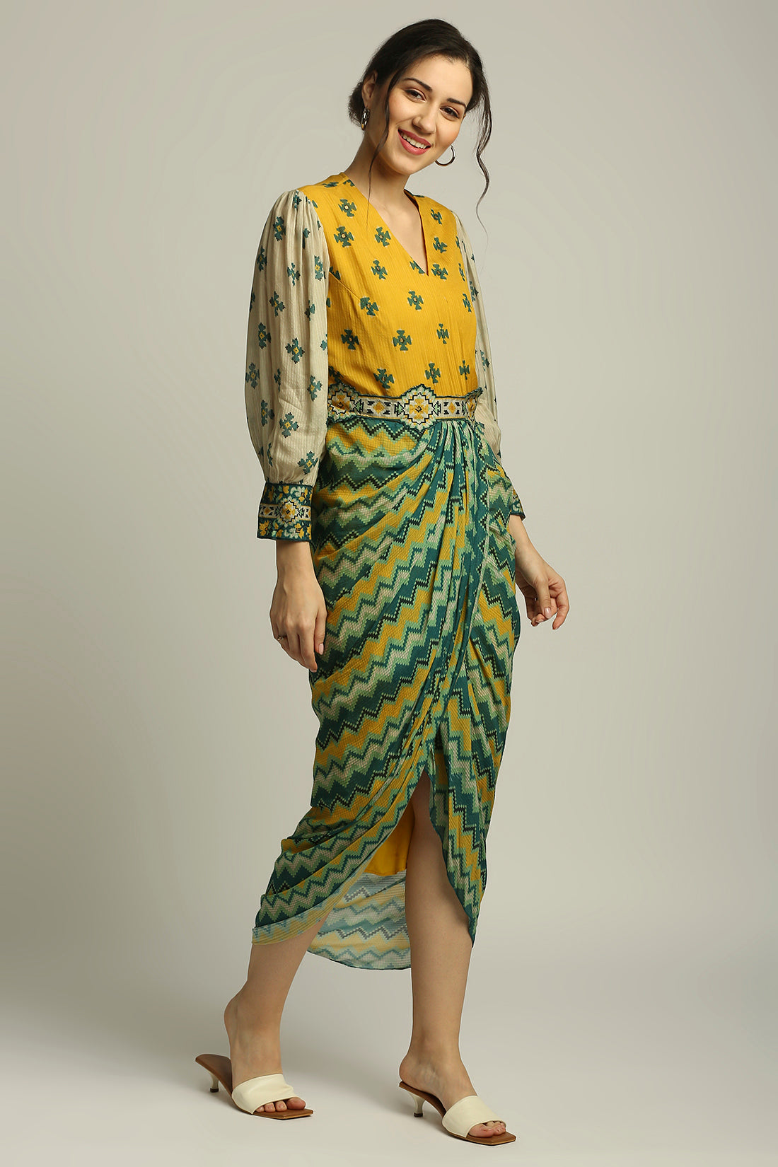 Tiraz Printed Drape Dress With Belt