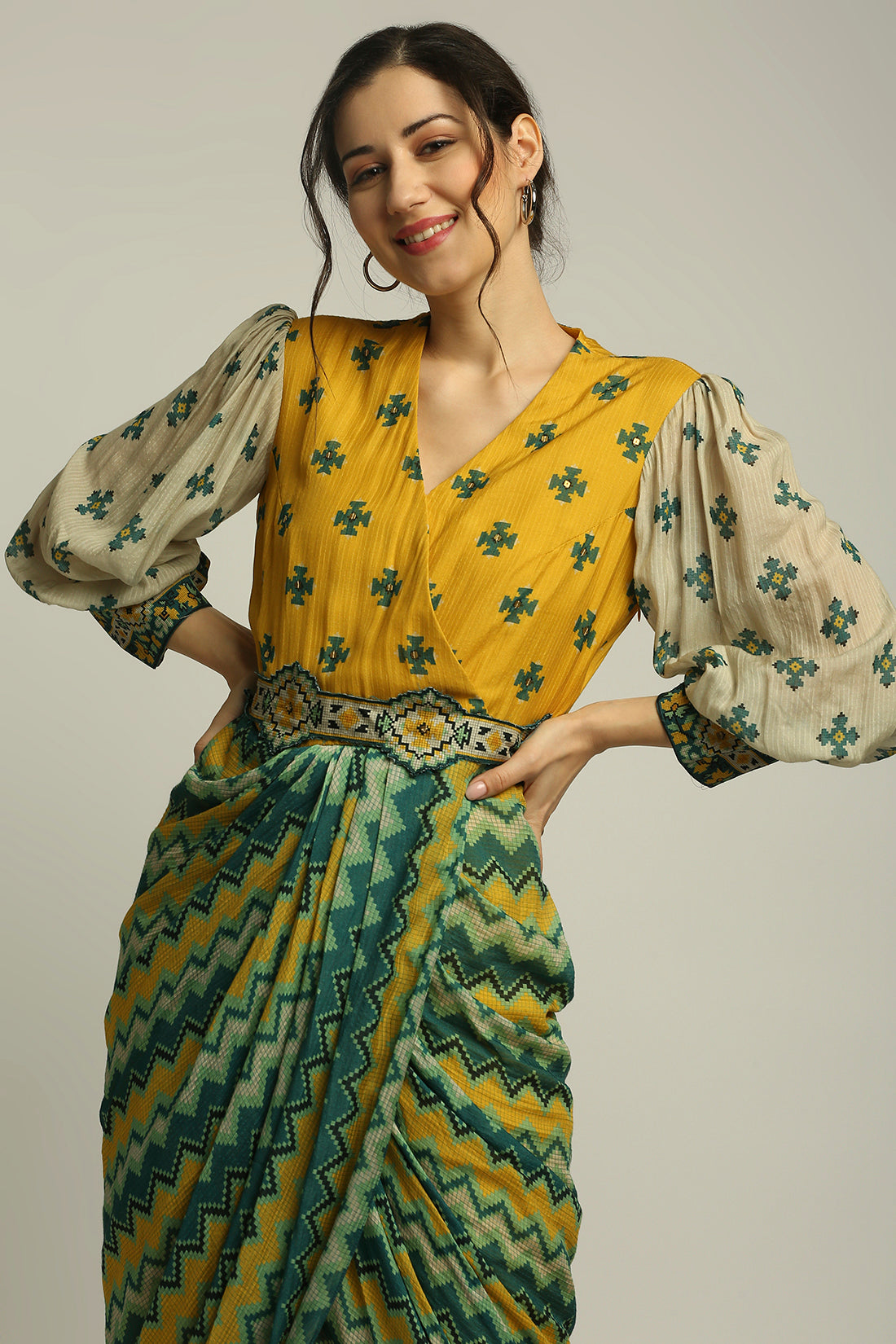 Tiraz Printed Drape Dress With Belt