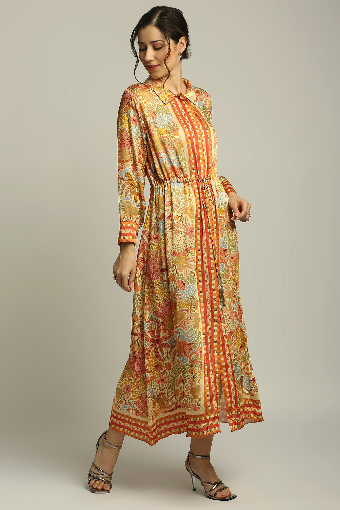 Forest Groove Printed Dress With Waist Tie-Up
