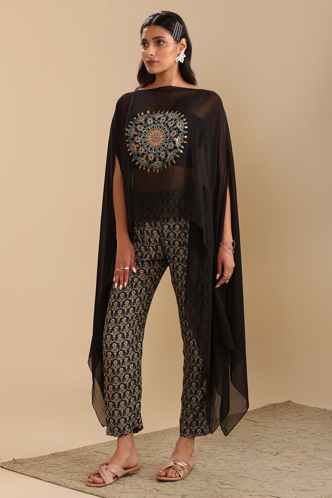 Black Eraya Printed Jumpsuit With Cape