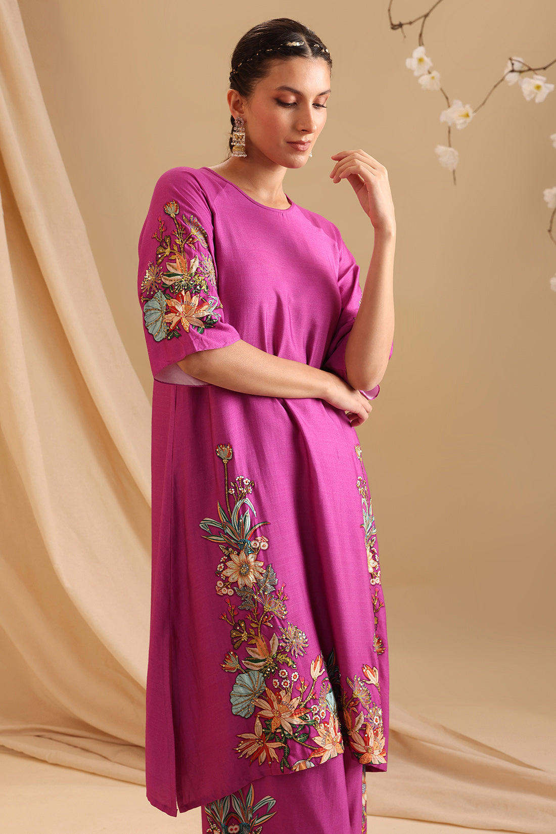 Fuchsia Pink Aarani Embroidered Kurta Set