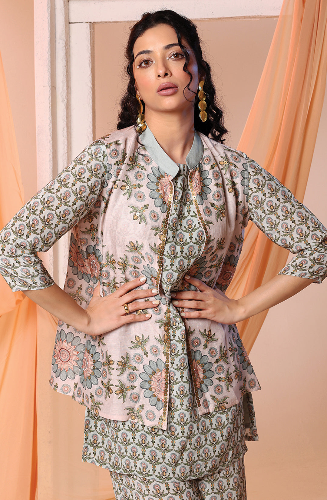 Earaya Printed Kurta Set with Embellished Jacket