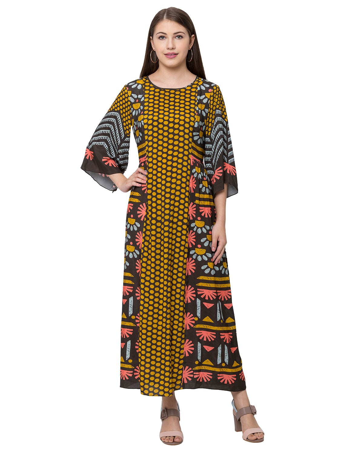 Floral Printed Long Dress With Bell Sleeves