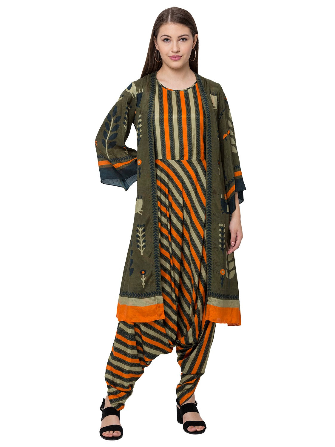 Bird Printed Long Jacket Paired With Dhoti Jumpsuit