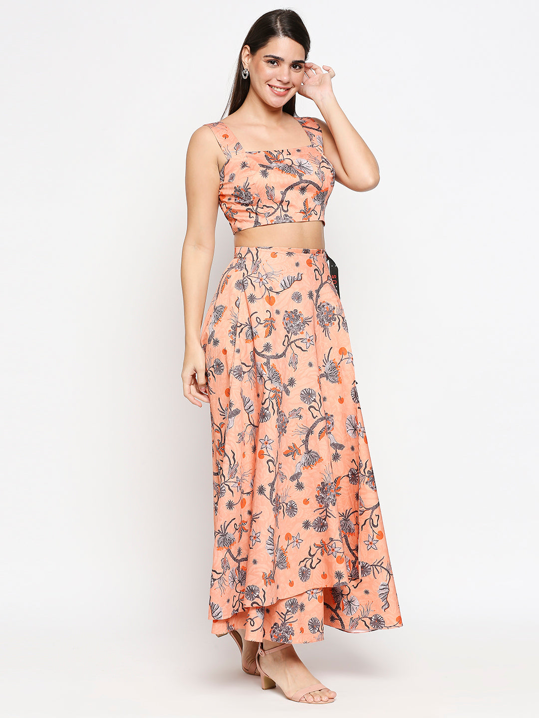 Floral Printed Cotton Twill Bustier Top With Floral Printed Skirt