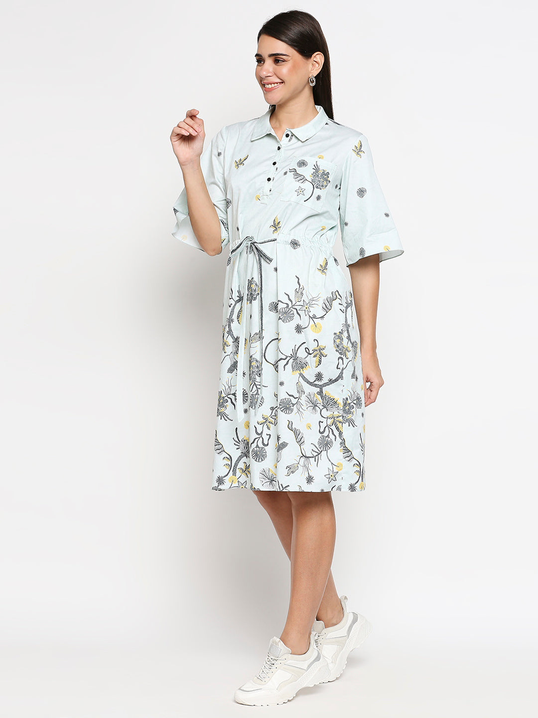 Floral Printed Cotton Twill Dress With Front Tie Up