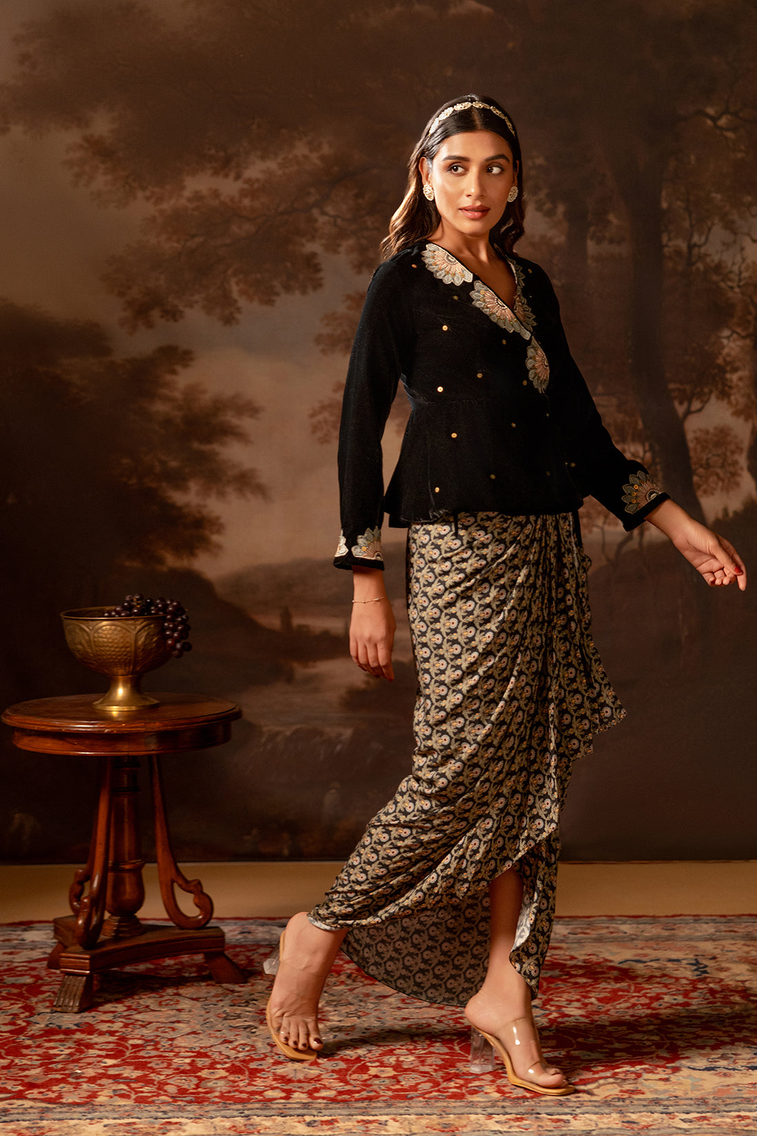 Eraya Embroidered drape skirt set