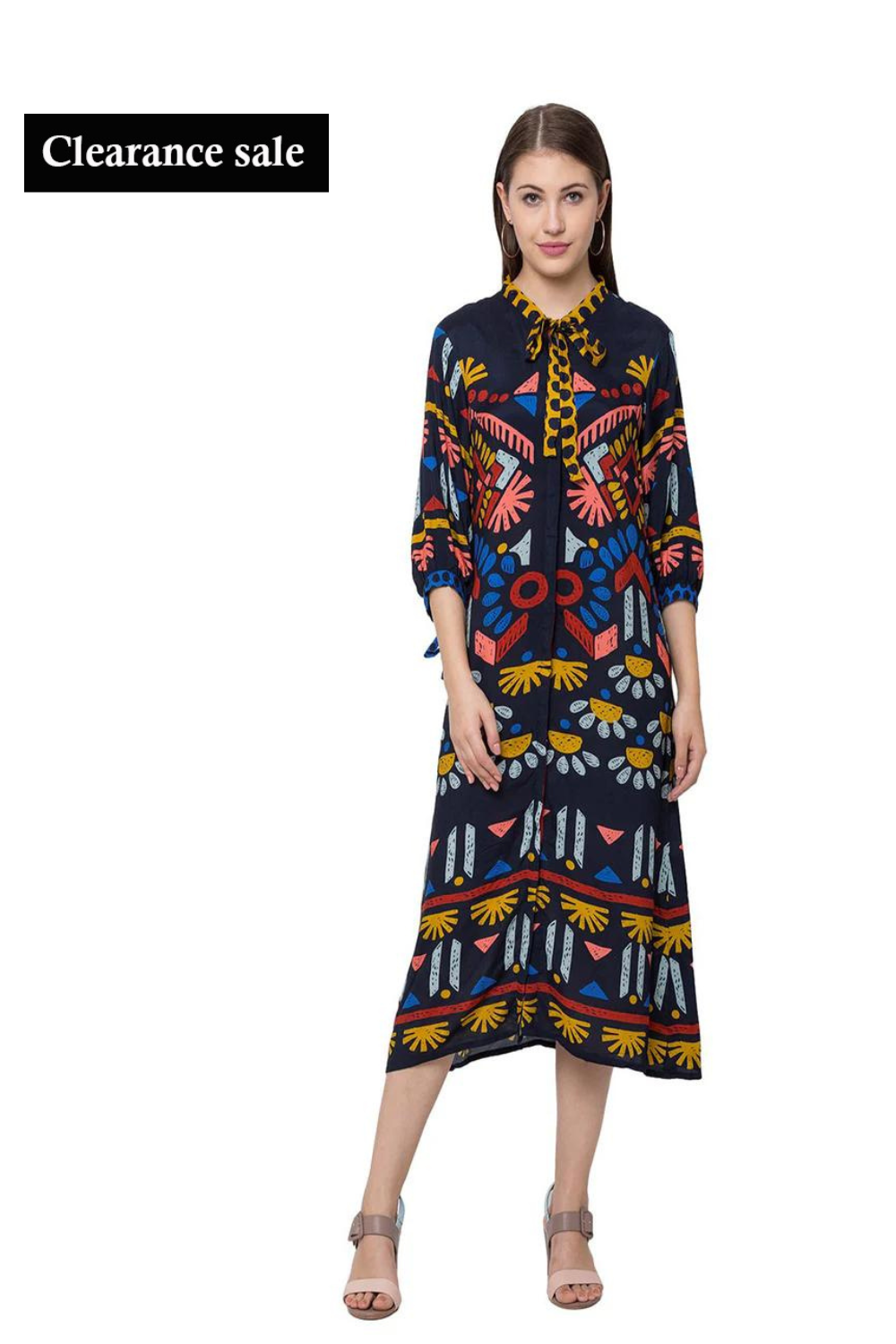 Abstract Floral Printed Dress With Tie Up Sleeves