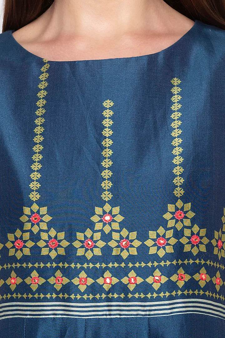 Blue Printed & Embroidered Anarkali