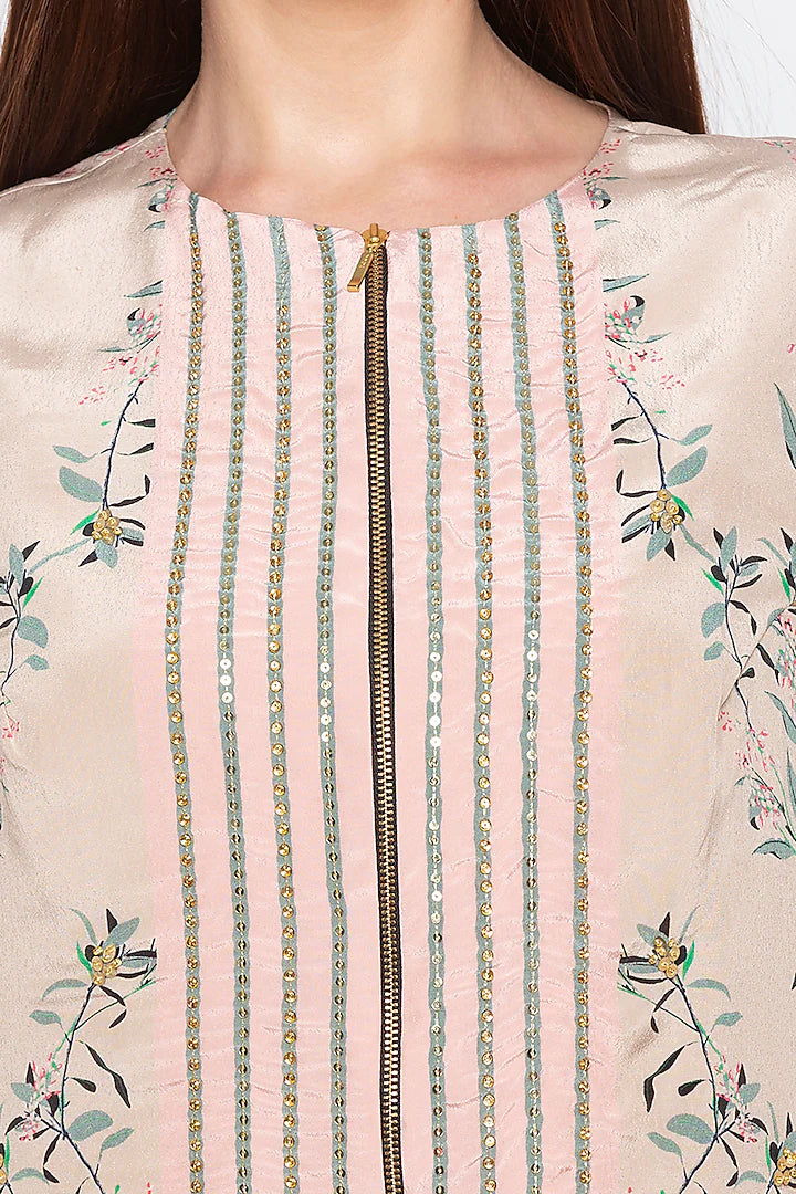 Beige Embroidered Jacket With Teal Green Draped Skirt