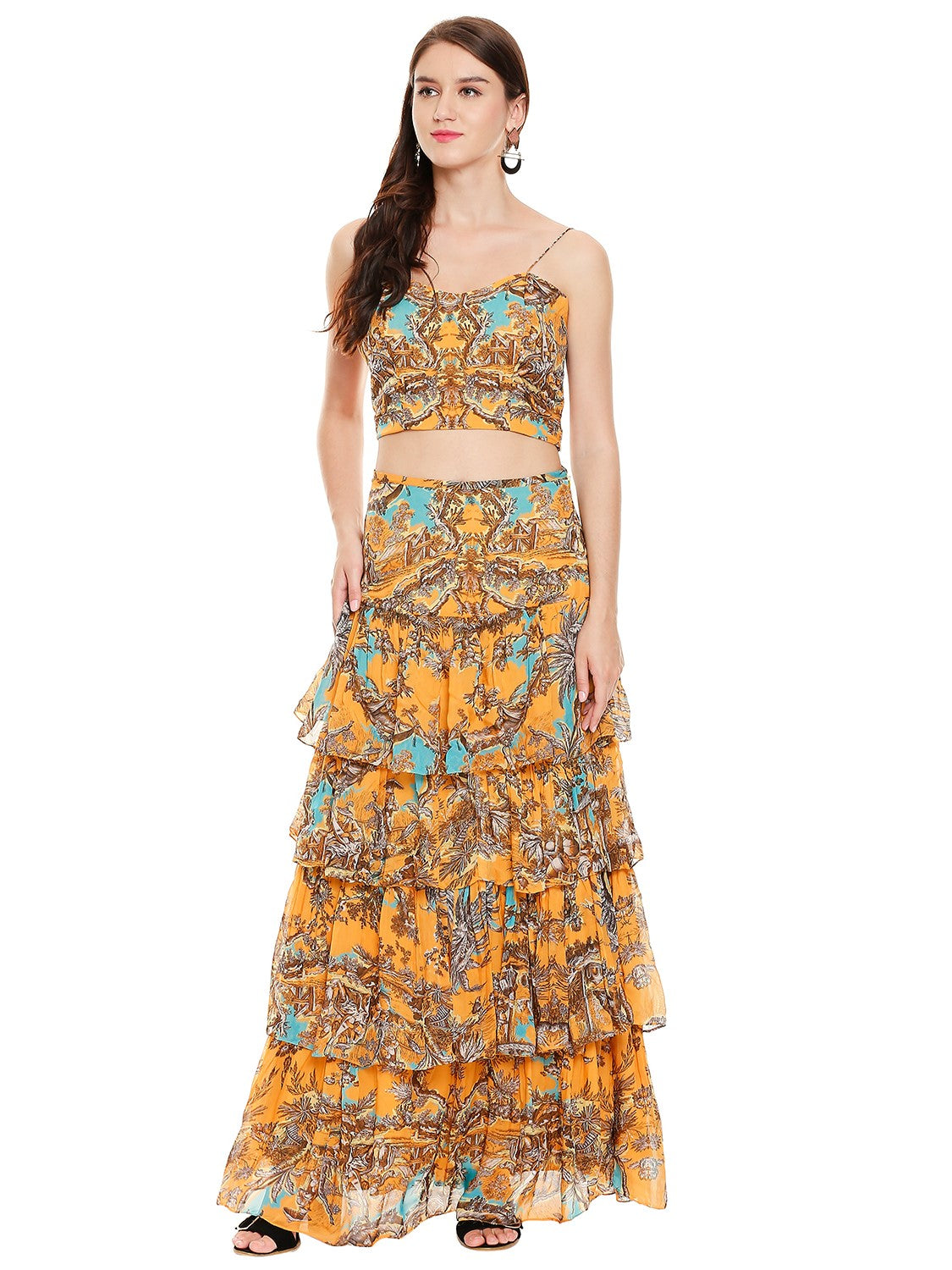 Printed Bustier Top Paired With Layered Pants And Dupatta