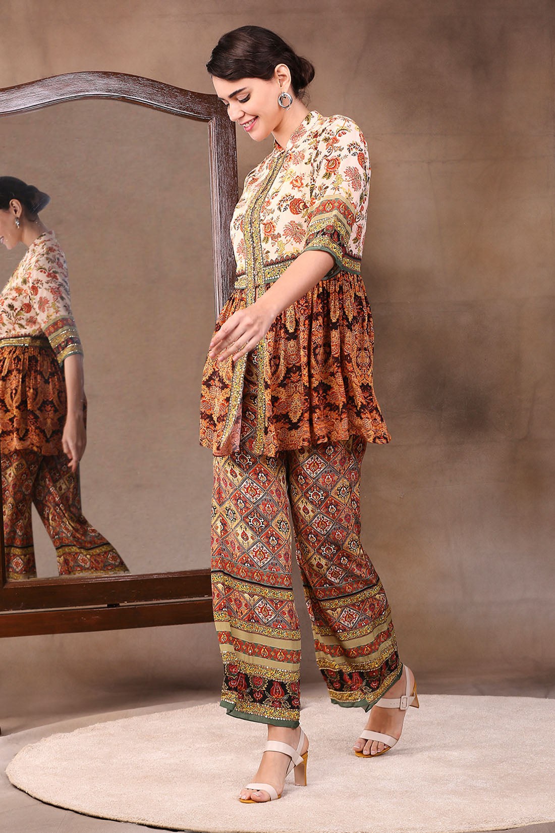 Ethnic Folklore Printed Peplum Style Top With Pants