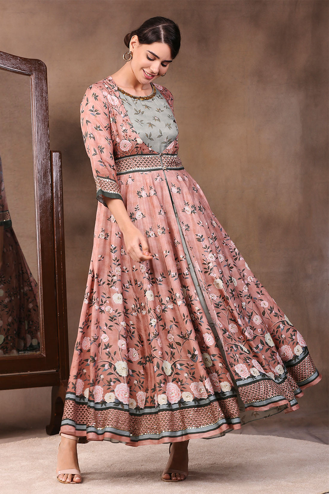 Vintage Trails Printed Two Layered Anarkali Dress