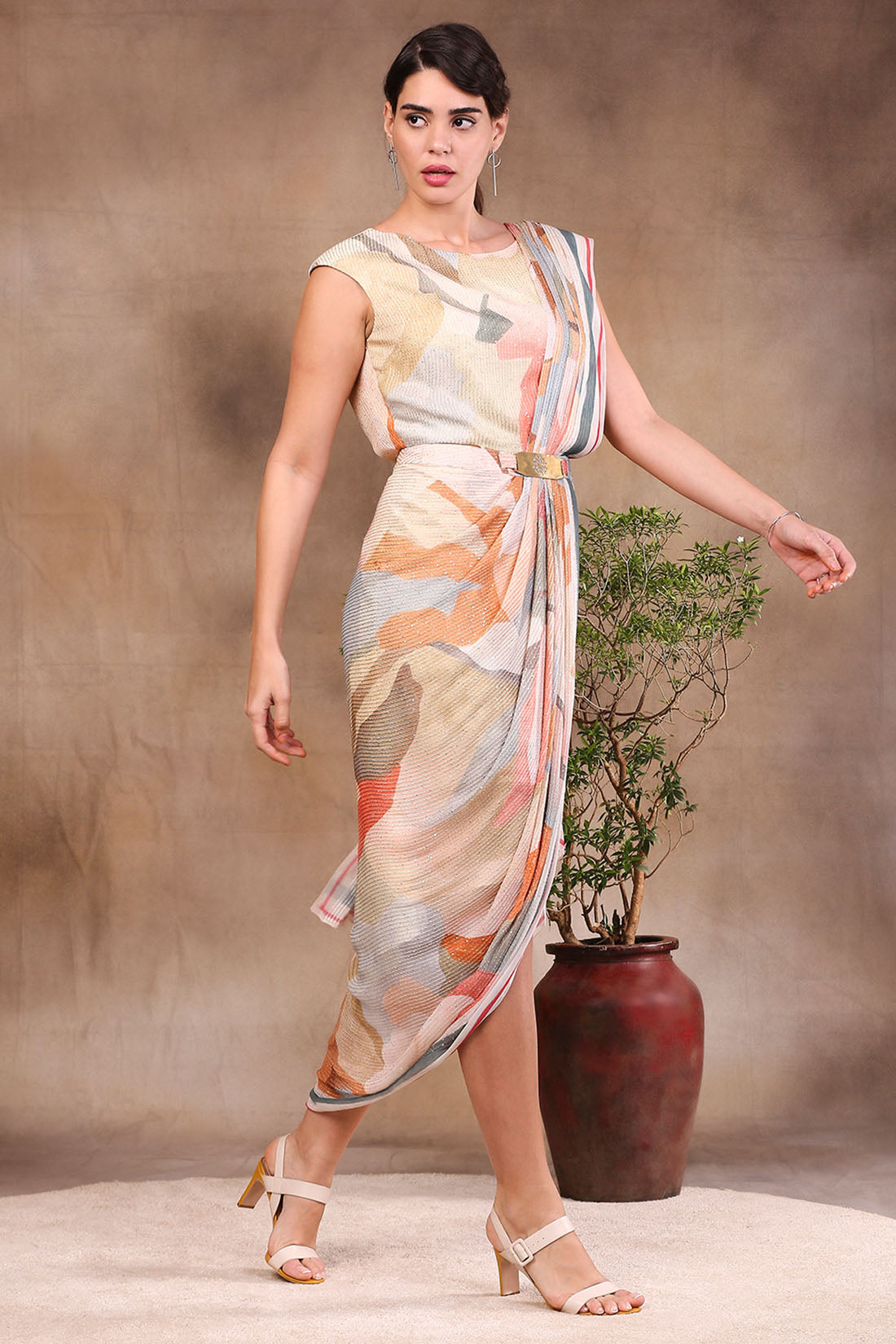 Conversational Printed Sequin Saree Style Drape Dress