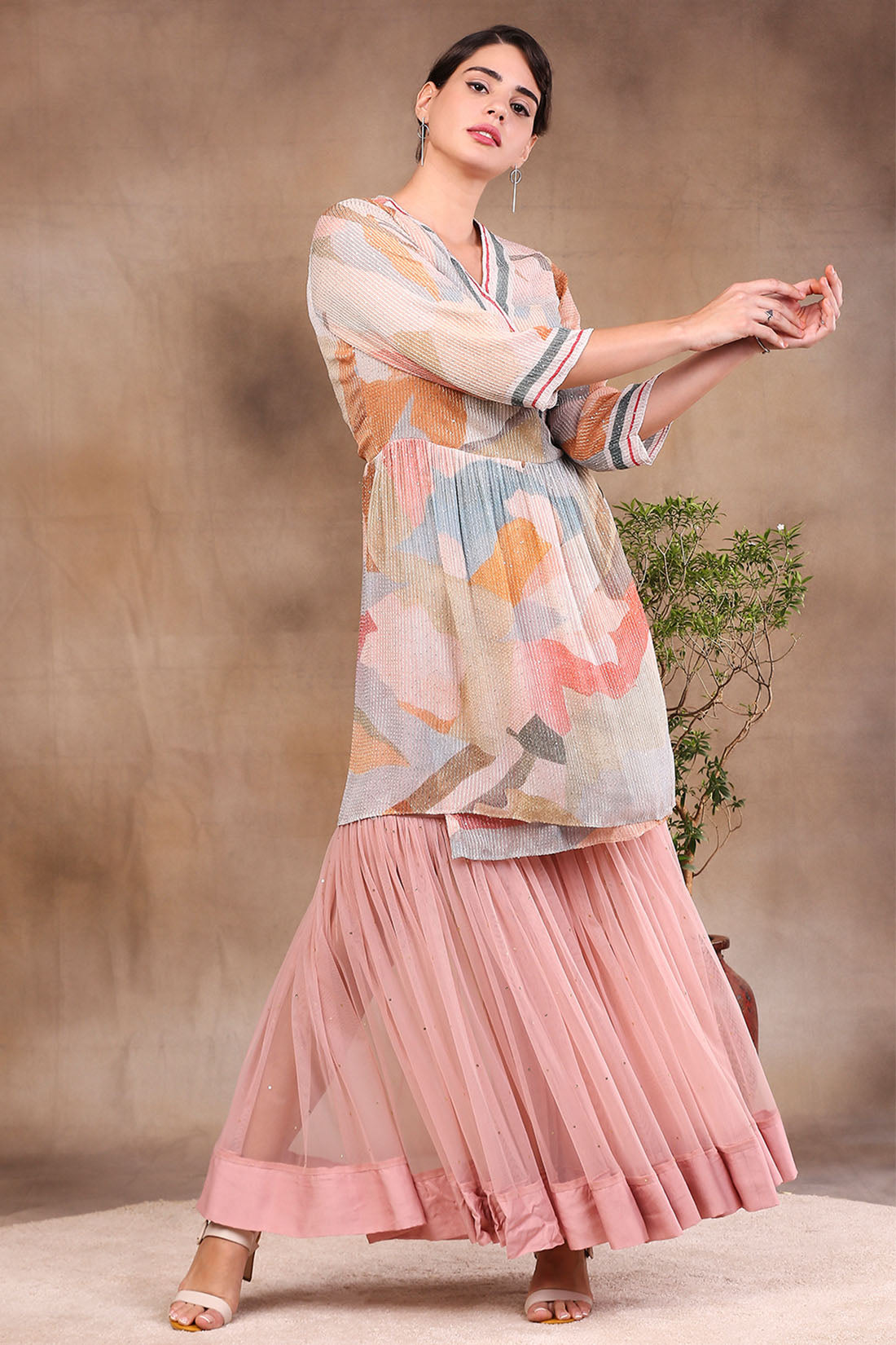 Conversational Printed Sequin Top With Sharara Pants