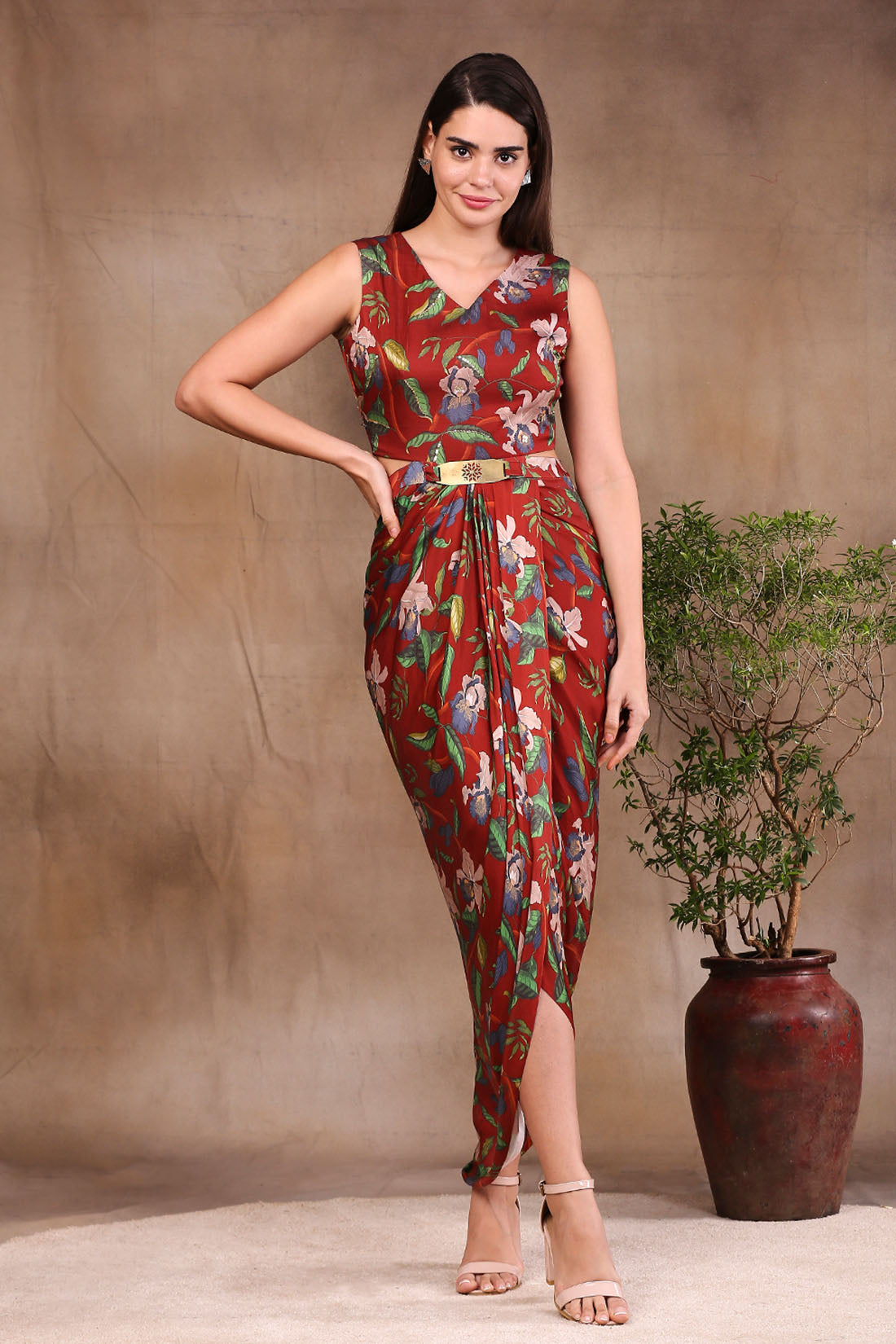 Orchid Bloom Printed Drape Dress With Straight Jacket