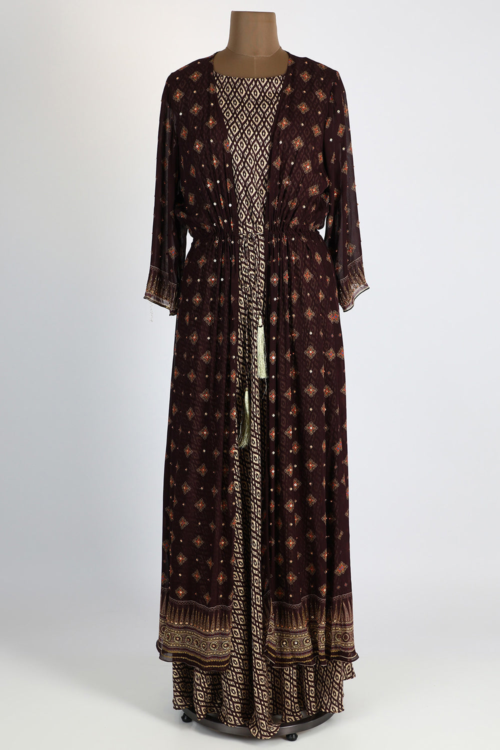 Silk Beige Printed Dress With Maroon Jacket
