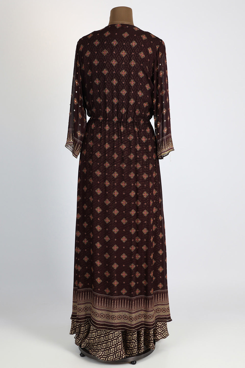 Silk Beige Printed Dress With Maroon Jacket