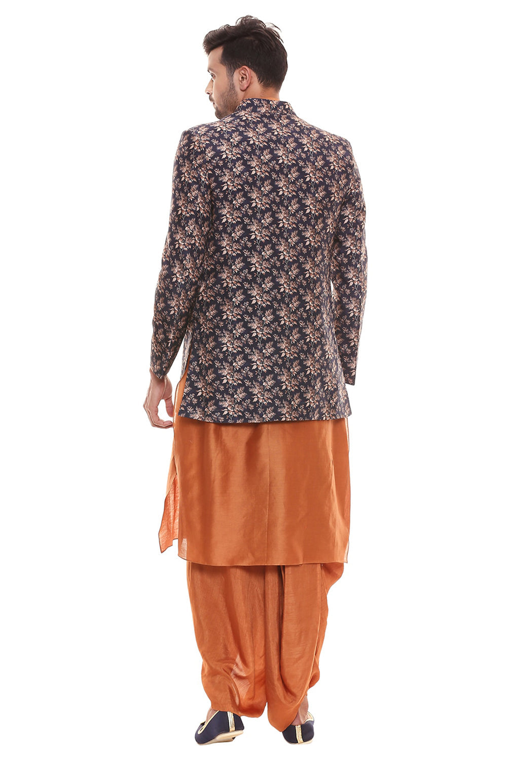 Rust Orange Collared Kurta With Dhoti Pants Paired With Applique Floral Jacket