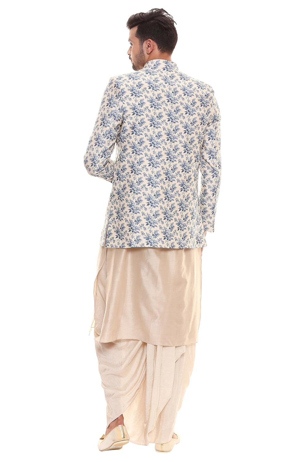 Offwhite Collared Kurta With Dhoti Pants Paired With Applique Floral Jacket