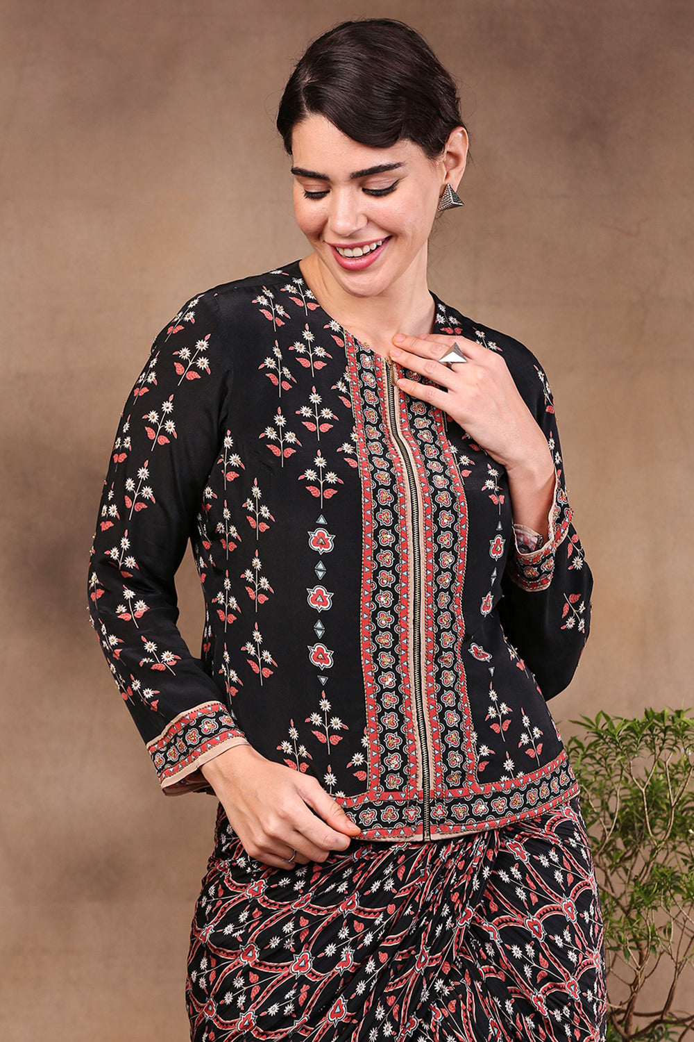 Ethnic Folklore Printed Drape Skirt With Jacket
