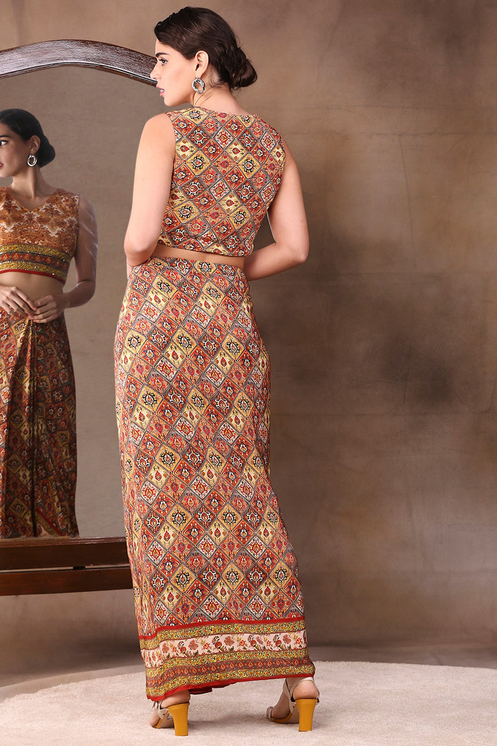 Ethnic Folklore Printed Drape Skirt Set With Dupatta