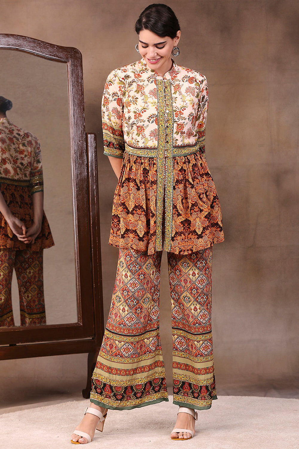 Ethnic Folklore Printed Peplum Style Top With Pants