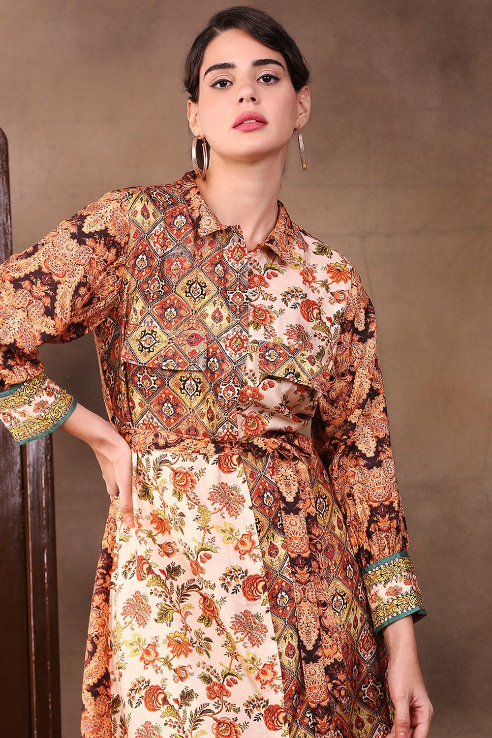 Ethnic Folklore Printed Shirt Dress With Waist Tie-Up