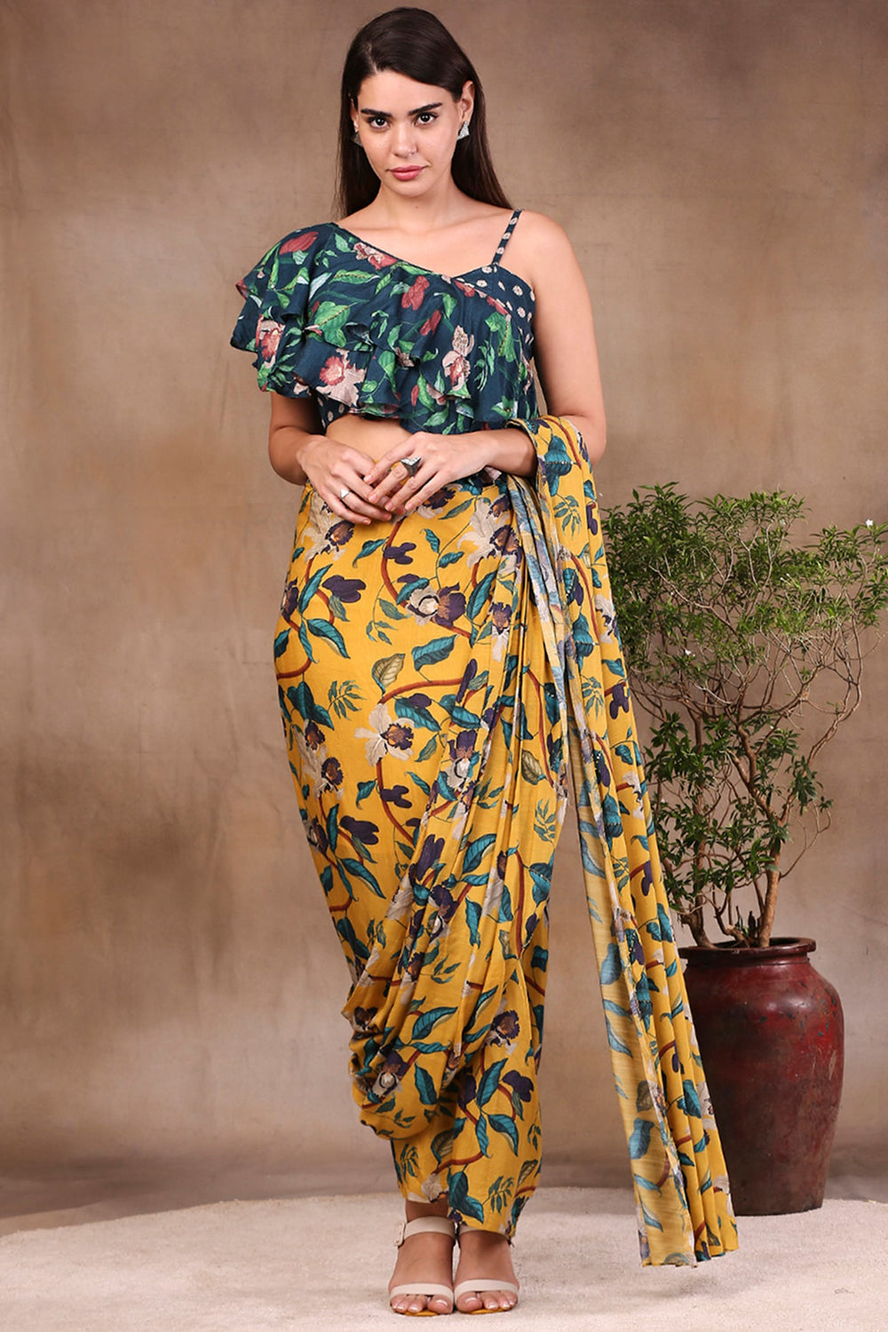 Orchid Bloom Printed Pre-Stitched Saree With Crop Top
